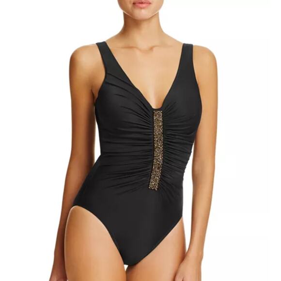 Miraclesuit NWT Solid Jewel Box Beaded Ruched One Piece Swimsuit Sz 10 Slimming - Picture 1 of 11